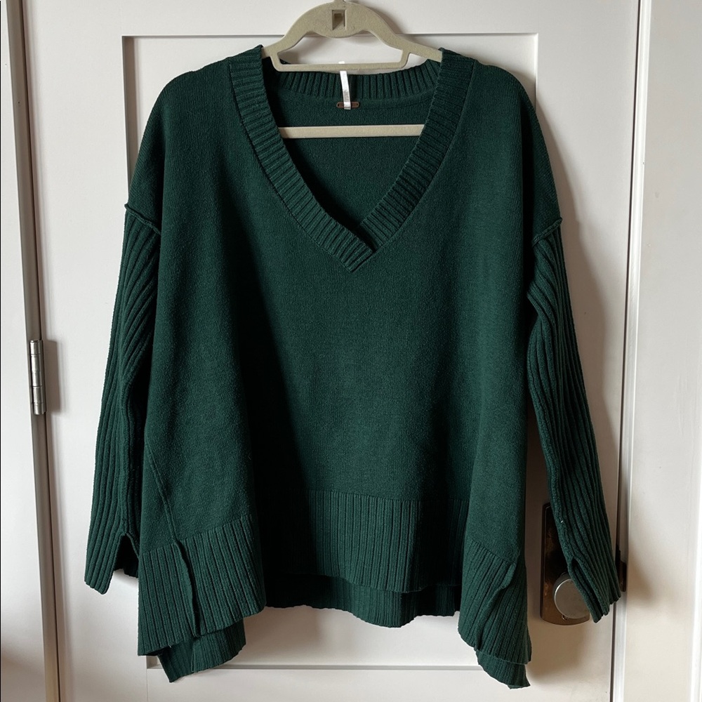 Free People Oversized V-Neck Dark Green Sweater with Slits on Either Side